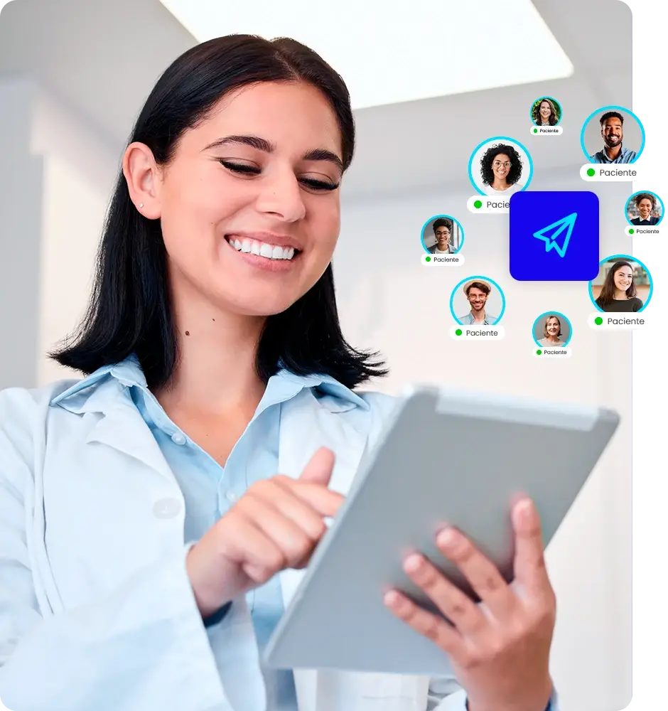 Profissional usando tablet para comunicação com pacientes