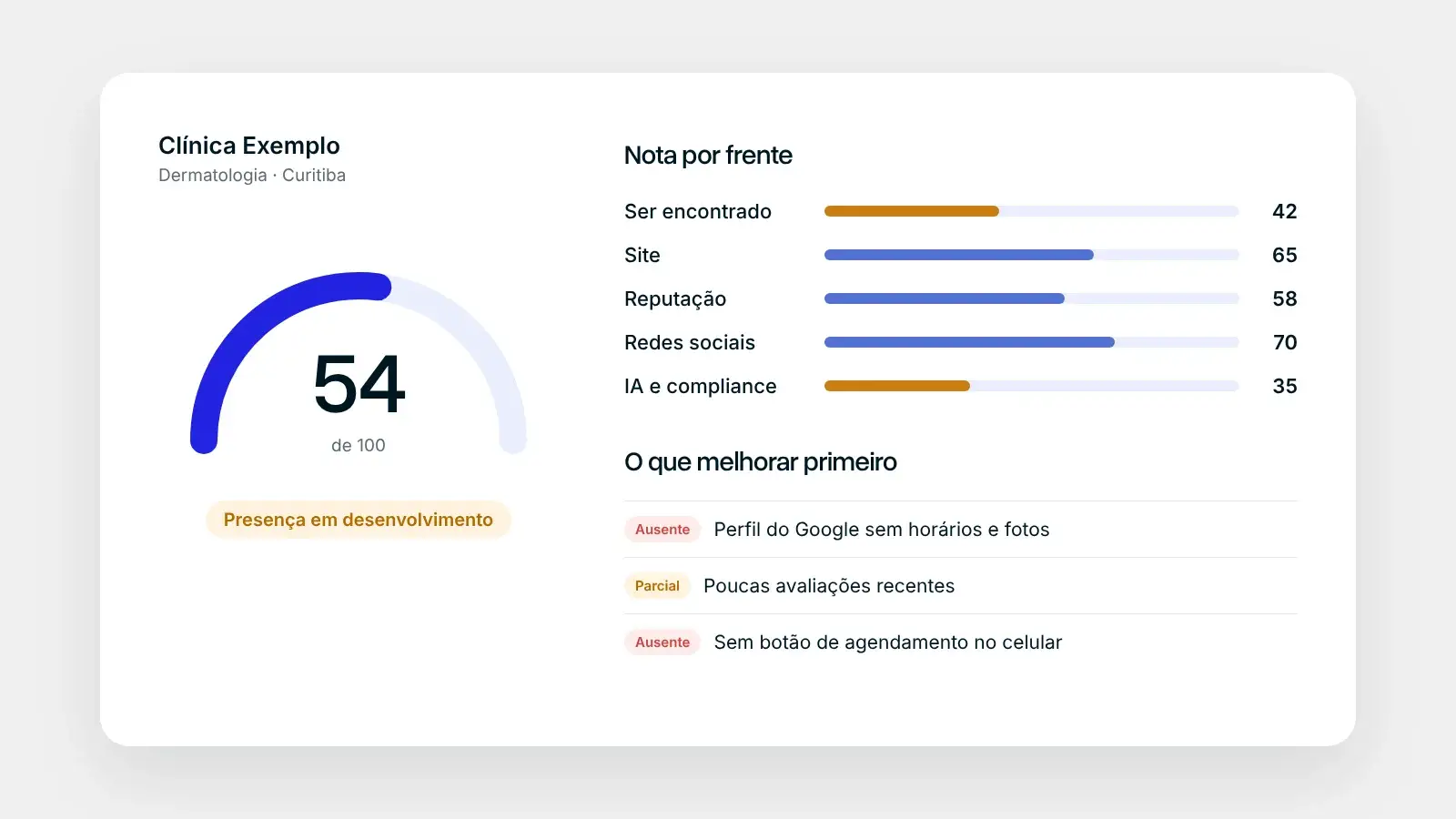 Exemplo de resultado do Raio-X de Presença Digital com nota 54 de 100 e notas por frente